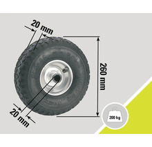 Wiel met afmetingen 260 millimeter hoogte en 20 millimeter breedte met een draagvermogen van 200 kilogram