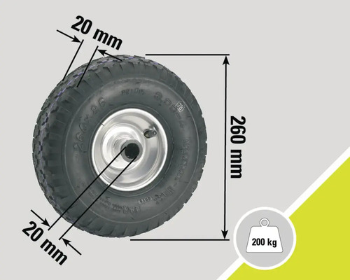 Wiel met afmetingen 260 millimeter hoogte en 20 millimeter breedte met een draagvermogen van 200 kilogram