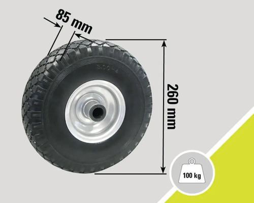 Wiel met de afmetingen 260 mm hoogte en 85 mm breedte, draagvermogen tot 100 kg
