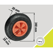 Kruiwagenwiel met afmetingen van 340 mm diameter en 20 mm bandenbreedte, maximaal draagvermogen 150 kg