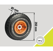 Wiel met een breedte van 85 millimeter, een diameter van 260 millimeter en een draagvermogen van 200 kilogram