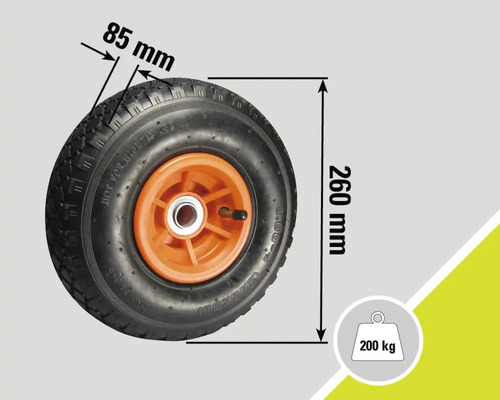 Wiel met een breedte van 85 millimeter, een diameter van 260 millimeter en een draagvermogen van 200 kilogram