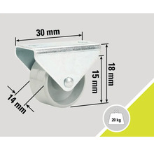Zwenkwiel met afmetingen van 30 mm bij 18 mm, wieldiameter 14 mm, draagvermogen 20 kg