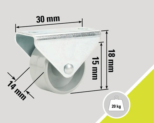 Zwenkwiel met afmetingen van 30 mm bij 18 mm, wieldiameter 14 mm, draagvermogen 20 kg