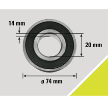 Afbeelding van een kogellager met de afmetingen 14 millimeter, 20 millimeter en een diameter van 74 millimeter.
