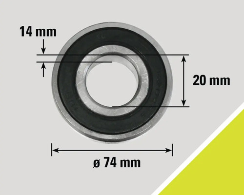 Afbeelding van een kogellager met de afmetingen 14 millimeter, 20 millimeter en een diameter van 74 millimeter.