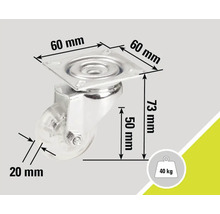 Meubelwiel met een draagvermogen van 40 kilogram en de afmetingen 60 bij 60 bij 73 millimeter