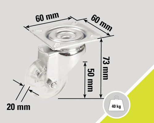 Meubelwiel met een draagvermogen van 40 kilogram en de afmetingen 60 bij 60 bij 73 millimeter