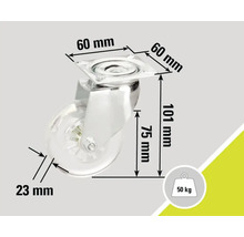 Meubelwiel met afmetingen 60 mm x 60 mm x 101 mm en een draagvermogen van 50 kilogram