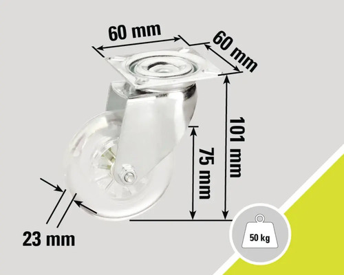 Meubelwiel met afmetingen 60 mm x 60 mm x 101 mm en een draagvermogen van 50 kilogram