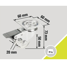 Zwenkwiel met rem, afmetingen 60 x 60 x 73 mm, wielmaat 50 mm, draagvermogen 40 kg