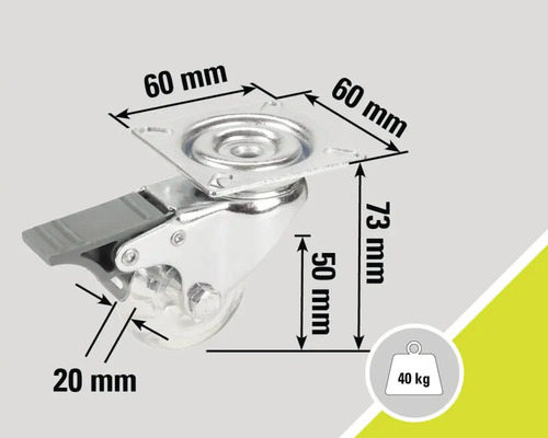 Zwenkwiel met rem, afmetingen 60 x 60 x 73 mm, wielmaat 50 mm, draagvermogen 40 kg