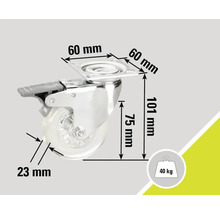 Zwenkwiel met rem en de afmetingen 60 mm, 75 mm, 23 mm en 101 mm, draagvermogen 40 kg