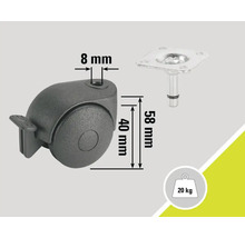 Meubelwiel met rem, stiftdiameter 8 millimeter, wieldiameter 40 millimeter, stiftlengte 58 millimeter, draagvermogen 20 kilogram