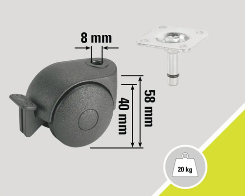 Meubelwiel met rem, stiftdiameter 8 millimeter, wieldiameter 40 millimeter, stiftlengte 58 millimeter, draagvermogen 20 kilogram
