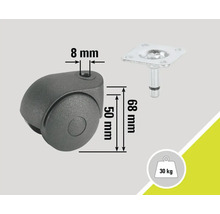 Meubelwiel met stift en plaat, draagvermogen tot 30 kilogram