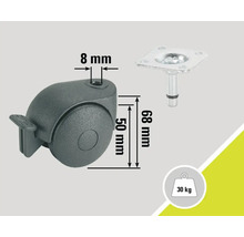 Meubelwiel met wielstop en bevestigingsplaat, belastbaar tot 30 kilogram, diameter 50 millimeter