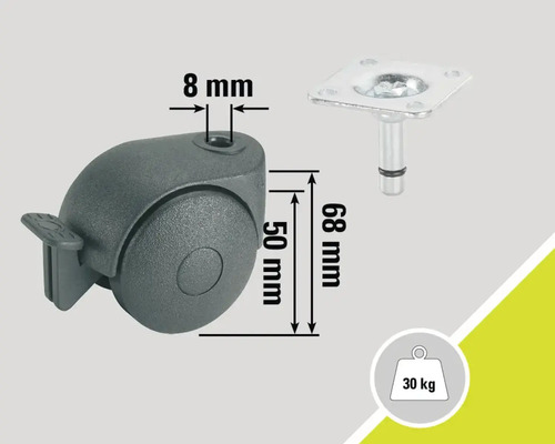 Meubelwiel met wielstop en bevestigingsplaat, belastbaar tot 30 kilogram, diameter 50 millimeter