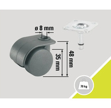 Meubelwiel met plaat, draagvermogen 70 kilogram, diameter 8 millimeter, hoogte 48 millimeter