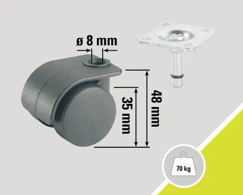 Meubelwiel met plaat, draagvermogen 70 kilogram, diameter 8 millimeter, hoogte 48 millimeter