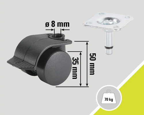 Meubelwiel met vergrendeling, 35 mm wieldiameter en 70 kg draagvermogen