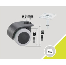 Meubelwiel met stift, 50 mm hoog en 70 kilogram draagvermogen