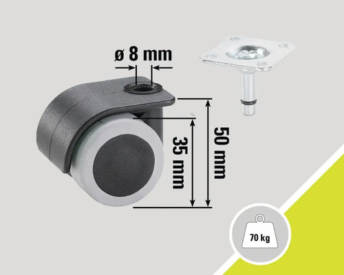 Meubelwiel met stift, 50 mm hoog en 70 kilogram draagvermogen