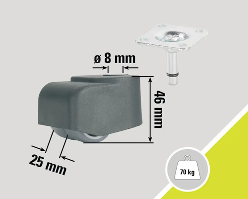 Meubelwiel met plaat en technische details: 25 mm wieldiameter, 8 mm stiftdiameter, 46 mm bouwhoogte en 70 kg draagvermogen