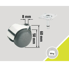 Meubelwiel met een draagvermogen van 50 kilogram, een hoogte van 60 millimeter en een stift diameter van 8 millimeter