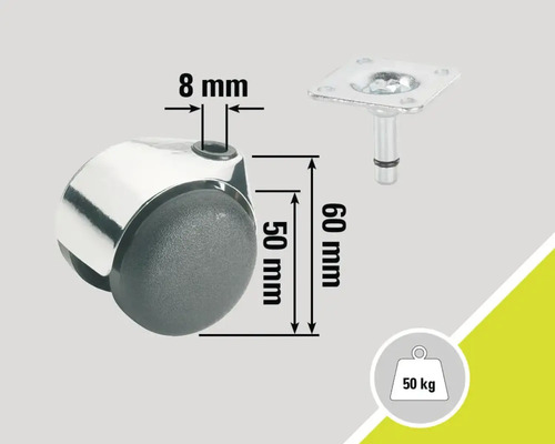 Meubelwiel met een draagvermogen van 50 kilogram, een hoogte van 60 millimeter en een stift diameter van 8 millimeter
