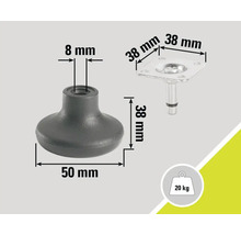 Meubelpoot met de afmetingen 50 millimeter, 8 millimeter en 38 millimeter, belastbaar tot 20 kilogram