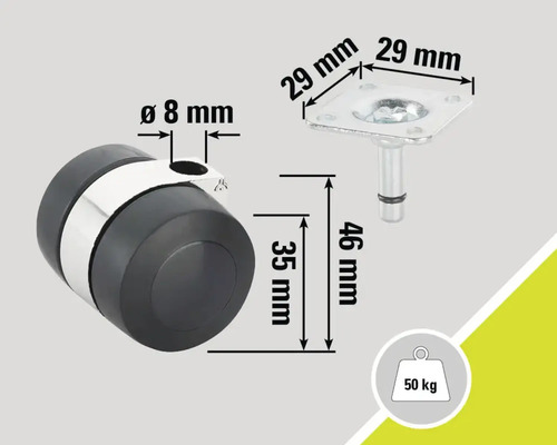 Meubelwiel met plaat en technische afmetingen, draagvermogen 50 kilogram