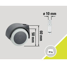 Stoelwiel met afmetingen 50 millimeter bij 60 millimeter, bout met een diameter van 10 millimeter en een belastbaarheid tot 40 kilogram