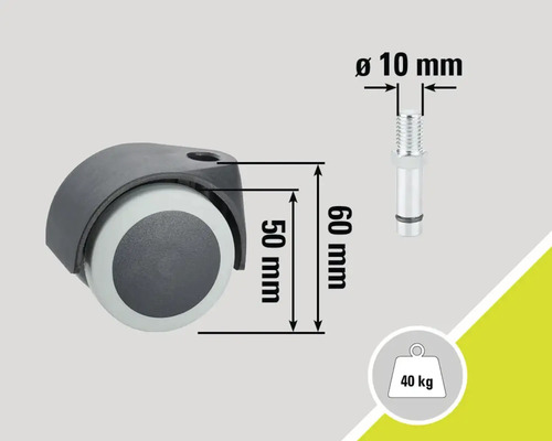 Stoelwiel met afmetingen 50 millimeter bij 60 millimeter, bout met een diameter van 10 millimeter en een belastbaarheid tot 40 kilogram