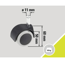 Stoelwiel met een diameter van 11 mm, een wielmaat van 50 mm, een hoogte van 60 mm en een maximaal draagvermogen van 40 kg