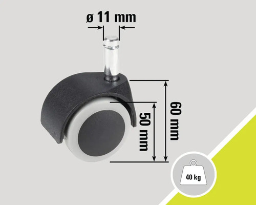 Stoelwiel met een diameter van 11 mm, een wielmaat van 50 mm, een hoogte van 60 mm en een maximaal draagvermogen van 40 kg