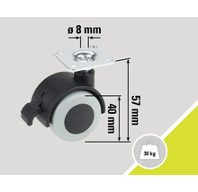 Meubelwiel met rem, diameter 40 millimeter, draagvermogen 30 kilogram