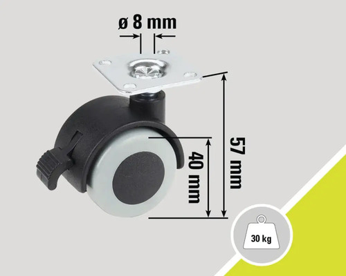 Meubelwiel met rem, diameter 40 millimeter, draagvermogen 30 kilogram