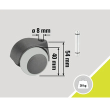 Meubelwiel met de afmetingen 40 mm wieldiameter, 8 mm stiftdiameter, 54 mm stiftlengte en belastbaarheid tot 30 kg.