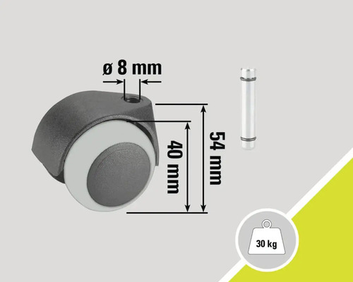 Meubelwiel met de afmetingen 40 mm wieldiameter, 8 mm stiftdiameter, 54 mm stiftlengte en belastbaarheid tot 30 kg.
