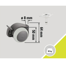 Meubelwiel met wielstop en informatie over afmetingen en belastbaarheid