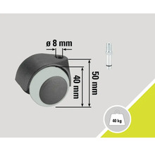 Meubelwiel met stift en een draagvermogen van 40 kilogram, diameter acht millimeter
