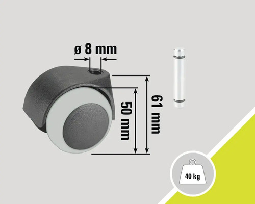 Stoelwiel met een diameter van 50 millimeter, een stiftlengte van 61 millimeter en een maximale belastbaarheid van 40 kilogram.