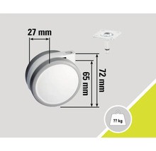Wiel met afmetingen 27 mm breed, 65 mm wieldiameter en 72 mm totale hoogte