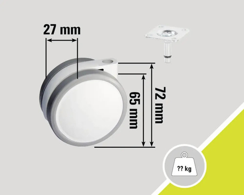 Wiel met afmetingen 27 mm breed, 65 mm wieldiameter en 72 mm totale hoogte