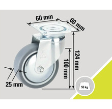 Zwenkwiel met een draagvermogen van 55 kilogram en de afmetingen 60 x 60 millimeter, 124 millimeter en 25 millimeter