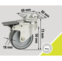 Zwenkwiel met rem en afmetingen: 60 mm montageplaat, 18 mm wieldikte, 73 mm bouwhoogte, 40 kg draagvermogen