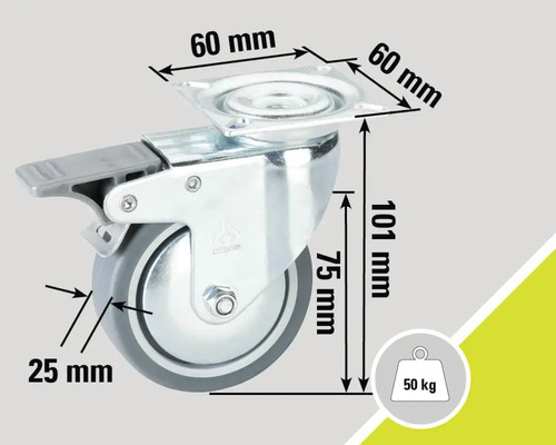 Meubelwiel met rem, afmetingen 60 x 60 x 101 mm, draagvermogen 50 kg
