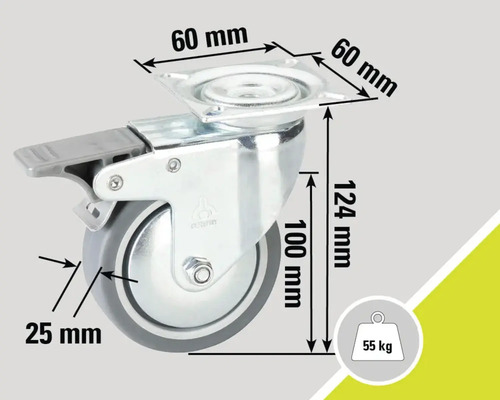 Zwenkwiel met rem en afmetingen: 60 mm x 60 mm plaat, 124 mm hoogte, 100 mm wieldiameter, 25 mm wielbreedte, draagvermogen 55 kg