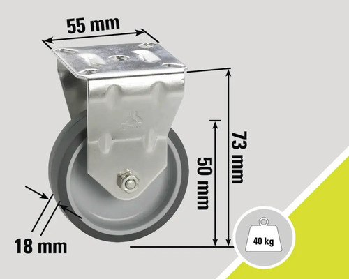 Zwenkwiel met de afmetingen 55 mm, 73 mm en 18 mm en een draagvermogen van 40 kg